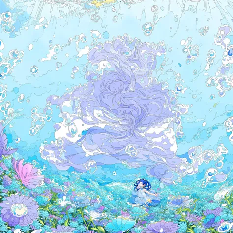 (masterpiece, best quality), 1girl, solo, flower, blue flower, dress, long hair, blue hair, purple flower, white dress, closed eyes, multicolored hair, very long hair, petals, sleeveless, sleeveless dress, underwater, bubble, blue theme,
