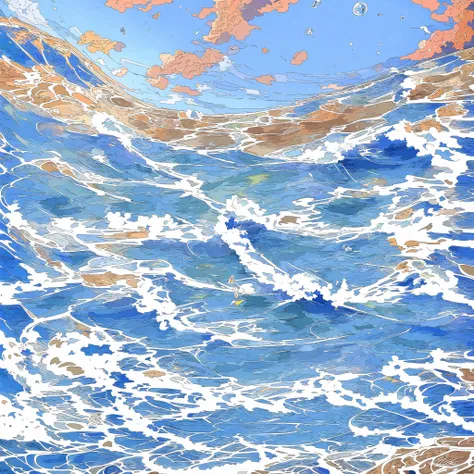 (masterpiece, best quality), water, waves, cloud, outdoors, sky, fish