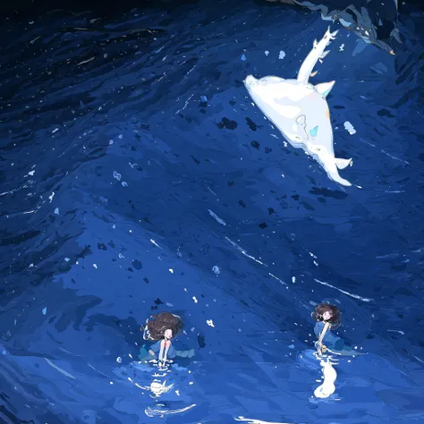 (masterpiece, best quality), 1girl, fish, long hair, dress, solo, whale, brown hair, night, water, sky, blue dress
