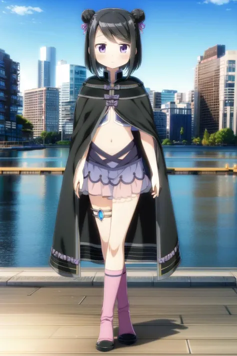 extremely detailed CG unreal engine 8k, best quality, all intricate, mgrckuroe, 1girl, from side, full body, purple eyes, black hair, black with white cropped jacket, crop top, black hooded cloak with white edgings, double bun, purple bowtie, blue with pink skirt, pink socks, blue gem on leg,
detailed cityscape
<lora:mgrckuroe:0.8>