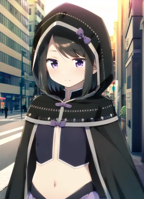 extremely detailed CG unreal engine 8k, best quality, high quality, all intricate, mgrckuroe, 1girl, looking away, medium shot, upper body, purple eyes, black hair, black with white cropped jacket, crop top, black cloak with white edgings, hood on head, purple bowtie, blue with pink skirt, outdoors, city, street
<lora:mgrckuroe:0.8>