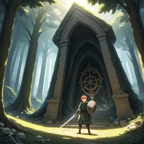 (masterpiece, best quality, 4K, dutch angle), (1boy, ron Weasley, wearing green medieval clothes, holding sword in one hand, holding shield in other hand), curious, determined, intelligent, heroic, exploring, searching, Dense and untamed forest with towering ancient trees, gnarled roots protruding from the ground, moonlit clearings, scattered bones and remnants of prey, hidden caves and dens, Mysterious moonlight filtering through the canopy, ancient magical fantasy world, shadows, anime, sfw