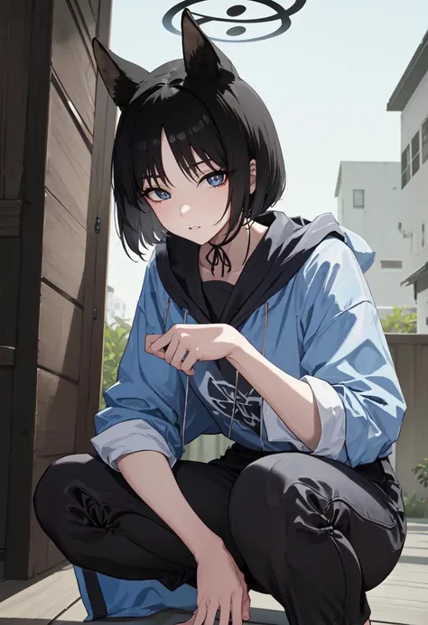 Close-up of a cartoon girl with blue hair and a yellow shirt, 2D Animation, 2D Animation style, 2D Art, 2D Art, 2D from Gorillaz, 2D from Gorillaz, 2D Gorillaz, Screaming Cerket, 2D Sprites, Jinx Face, short hair, Small breasts, hot pants, ((Black Hair, Bright blue fur inside:1.4))