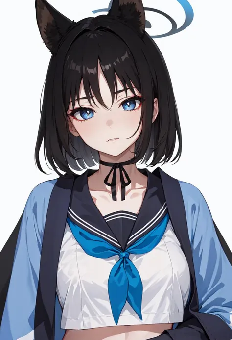 best quality, masterpiece, highres, solo, (kikyou_bluearchive:1.10), 1girl, black sailor collar, blue neckerchief, choker, haori, looking at viewer, serafuku, simple background, upper body, white background, closed mouth, collarbone, cropped torso, long sleeves, 7 <lora:kikyou_bluearchive:0.80>