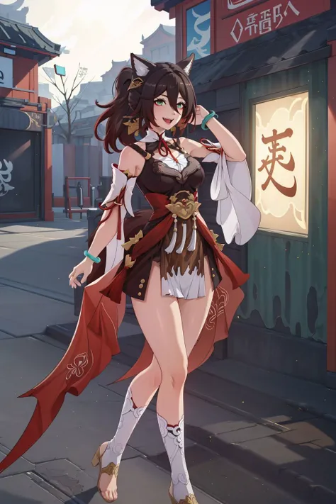 <lora:Tingyun:1>, pikkytingyun, 1girl, solo, looking at viewer, brown hair, red hair, gradient hair, hair between eyes, bangs, long hair, ponytail, green eyes, breasts, large breasts, tail, animal ears, fox ears, fox tail, animal ear fluff, fox girl, detached sleeves, jewelry, bracelet, smile, :d,full body , chinese traditional buildings, (masterpiece, best quality, high quality, highres, ultra-detailed),