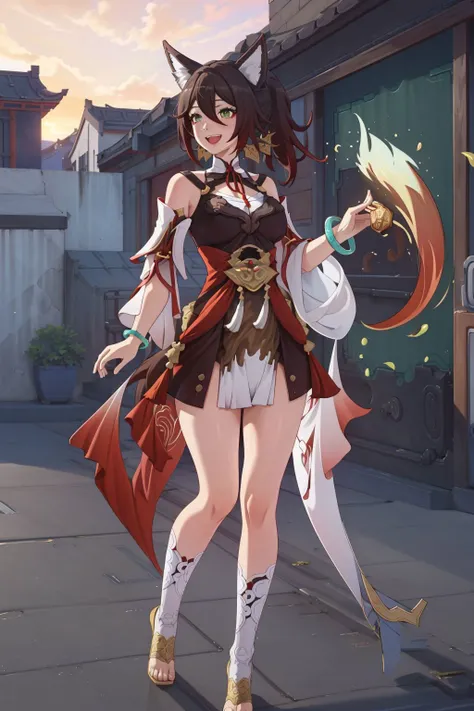 <lora:Tingyun:1>, pikkytingyun, 1girl, solo, looking at viewer, brown hair, red hair, gradient hair, hair between eyes, bangs, long hair, ponytail, green eyes, breasts, large breasts, tail, animal ears, fox ears, fox tail, animal ear fluff, fox girl, detached sleeves, jewelry, bracelet, smile, :d,full body , chinese traditional buildings, (masterpiece, best quality, high quality, highres, ultra-detailed),