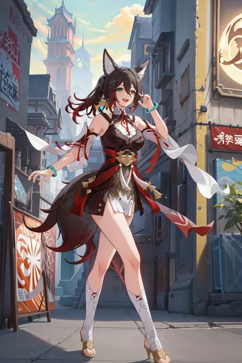 <lora:Tingyun:1>, pikkytingyun, 1girl, solo, looking at viewer, brown hair, red hair, gradient hair, hair between eyes, bangs, long hair, ponytail, green eyes, breasts, large breasts, tail, animal ears, fox ears, fox tail, animal ear fluff, fox girl, detached sleeves, jewelry, bracelet, smile, :d,full body, dynamic pose, chinese traditional buildings, (masterpiece, best quality, high quality, highres, ultra-detailed),