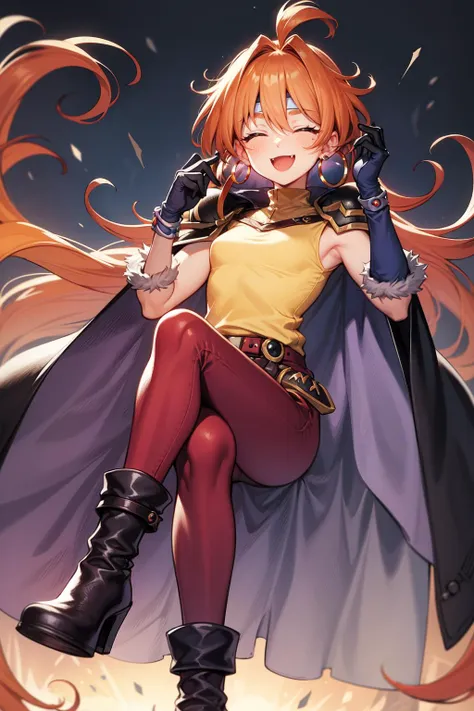 LNvs-sd15, cape, fang, pauldrons, red pants, yellow shirt, sleeveless shirt, headband, black boots, black gloves, smile, hoop earrings, fur-trimmed gloves,  <lora:LinaSD15:1>, long hair, orange hair