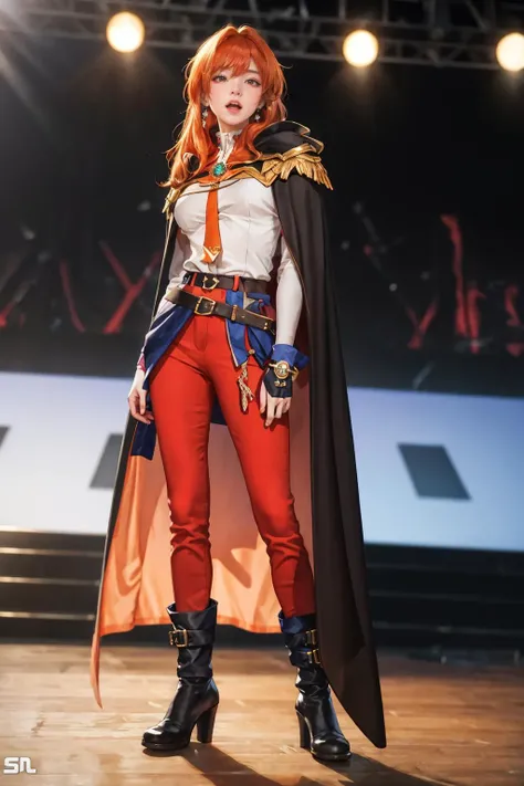 8K,highres,absurdres,masterpiece,best quality,original,extremely detailed CG,extremely detailed wallpaper,perfect lighting,<lyco:GoodHands-beta2:1>,1girl,blurry_background,looking_at_viewer,standing on the stage,
<lora:LinaSD15:0.7>,LNvs-sd15,trim,headband,gloves,brooch,red pants,pauldrons,fang,cape,Orange hair,long_hair,