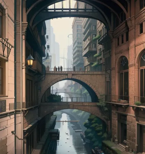 ((masterpiece)),((best quality)),((high detial)),((realistic,)) Industrial age city, deep canyons in the middle, architectural streets, bazaars, Bridges, rainy days, steampunk, European architecture