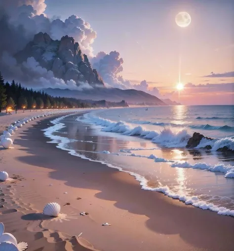 delicate scene, sky,white clouds,and sunlight shine, white beach. flowers roses and shiny large shells, diamond crystal, on the beach, fantasy, sky night , moon, smoke , photo, HD, 8K , realistic, HD, intricate, 8k, highly detailed,fun, sharp focus,