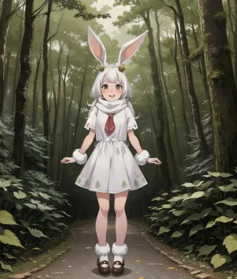 a white rabbit standing in the woods with a scarf on, adorable digital painting, cute detailed digital art, cute forest creature, cute anthropomorphic bunny, cute digital art, cute 3 d render, cute character, cute cartoon character, cute creature, fantasy matte painting，cute, rabbt_character, cute little creature, anthropomorphic rabbit, cute animal