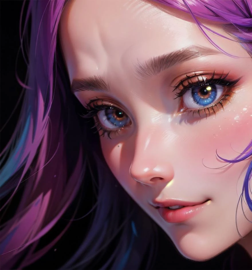 extreme close up of a woman's face, colours hair, high detailed skin, ultra detail, rembrandt lighting, happy, Painter colours,
