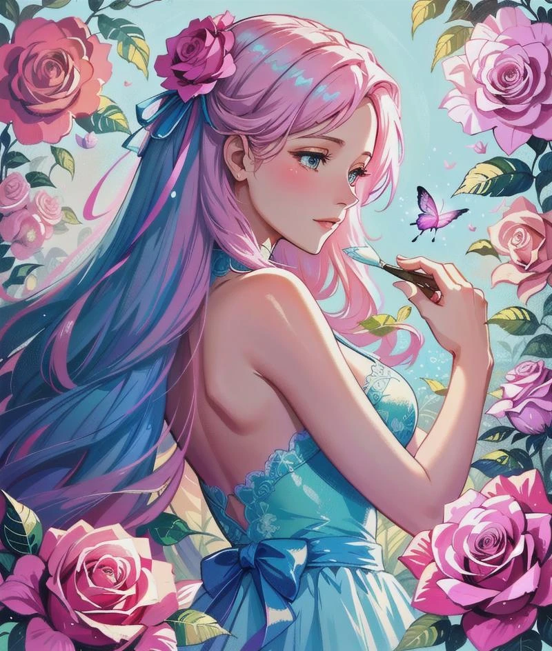 There is a pink rose,There is a butterfly on it, detailed flowers, Pink rose, beautiful digital art, pastel roses, pink rosa, Magical flowers, blue and pink, beautiful digital painting, translucent roses ornate, pink and blue color, beautiful flowers, Rose background, beautiful gorgeous digital art, magical colorful flowers, Very Beautiful Digital Art, elegant digital painting, Beautiful digital artwork