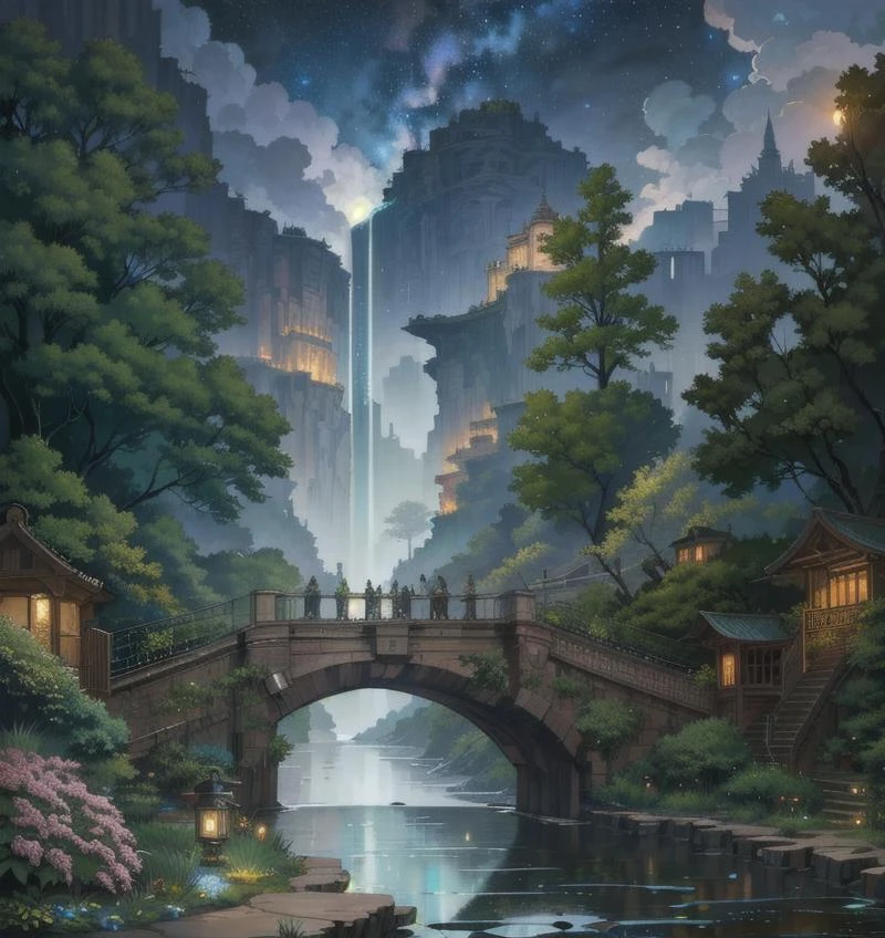 ((masterpiece)),((best quality)),((high detial)),((realistic,)) Industrial age city, deep canyons in the middle, architectural streets, bazaars, Bridges, rainy days, steampunk, European architecture, Illustration of a hyperrealistic , otherworldly, ultrasky scene featuring a giant crystal tree full body,very detailed and magical lighting, intricate forest details, vegetation and river around, solarpunk ,landscape, giant tree, beatifull leafy with beautiful lighting and realistic proportions, as if it were a cinematic background, 8k, highest quality, masterpiece, clouds and stars in the sky.