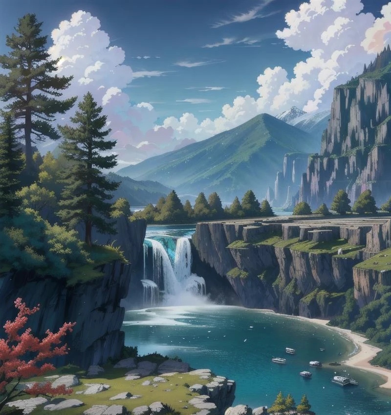 masterpiece, best quality, high quality, extremely detailed CG unity 8k wallpaper, scenery, outdoors, sky, cloud, day, no humans, mountain, landscape, water, tree, blue sky, waterfall, cliff, nature, lake, river, cloudy sky,award winning photography, Bokeh, Depth of Field, HDR, bloom, Chromatic Aberration ,Photorealistic,extremely detailed, trending on artstation, trending on CGsociety, Intricate, High Detail, dramatic, art by midjourney