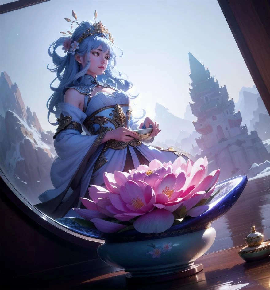 realistic, best quality, realistic, photorealistic, ultra detailed, "Mountain of Flower and Fruit+Fairy+Chinese Architecture" highly detailed carving on "southern ice" porcelain,Ultra wide angle,Accent Lighting,Volumetric Lighting,backlighting, (detailed light),((an extremely delicate and beautiful)),dramatic_shadow,ray_tracing,hdr