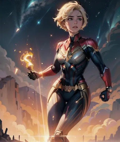 full body shot of kathwin:1,side lighting,(short pixie hair:1.3),rim lighting on hair, shallow sharp depth of field, feminine heroic,(curvy:1.4), (highly detailed), (Award winning), (Masterpiece), movie still, (HDR), (8k wallpaper),captain marvel suit,flying,sky background,female focus