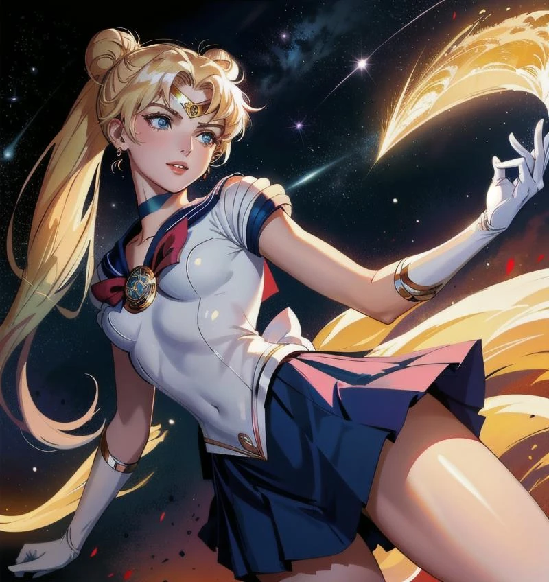 Masterpiece, Full: 1.3, Stand, 8K, 3D, Realistic, Ultra Micro Shooting, Top Quality, Extreme Detail CG Unity 8K Wallpaper, from below, intricate details, (1 female), 18 years old, (Sailor Moon supersailormoon mer1, Tiara, Sailor Senshi Uniform Sailor: 1.2, Sailor Moon: 1.2), Impossibly long bright twin-tailed blonde, thin and very long straight twin-tailed blonde, hair bun, red round hair ornament in a hair bun, Sailor Senshi uniform, (blue collar, blue sailor collar, blue pre-gate mini skirt: 1.3, very large red bow on the chest: 1.3, long white latex gloves: 1.3, red gloves on the elbows, Very large red bow behind the waist: 1.1, cleavage is looking large, golden tiara, earrings), (face details: 1.5, bright blue eyes, beautiful face, beautiful eyes, shiny eyes, thin lips: 1.5, thin and sharp pale eyebrows, long dark eyelashes, double eyelashes), luxurious golden jewelry, thin, thin and muscular, small face, big breasts, perfect proportions, Thin waist, sexy model pose, visible pores, seductive smile, perfect hands: 1.5, high-leg swimsuit, very thin and fit high-gloss white holographic leather, octane rendering, very dramatic image, strong natural light, sunlight, exquisite lighting and shadow, dynamic angle, DSLR, sharp focus: 1.0, Maximum clarity and sharpness, (space background, moonlight, moon, dynamic background, detailed background)