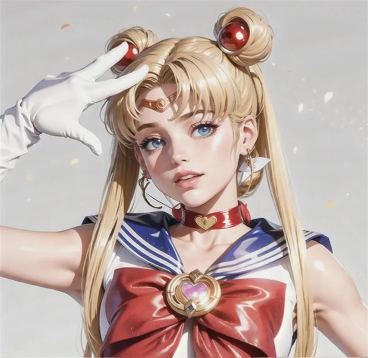 Masterpiece, Full: 1.3, Stand, 8K, 3D, Realistic, Ultra Micro Shooting, Top Quality, Extreme Detail CG Unity 8K Wallpaper, from below, intricate details, (1 female), ************, (meishaonv Sailor Moon super sailor moon mer1, Tiara, Sailor Senshi Uniform Sailor: 1.2, Sailor Moon: 1.2), Impossibly long bright twin-tailed blonde, thin and very long straight twin-tailed blonde, hair bun, red round hair ornament in a hair bun, Sailor Senshi uniform, (blue collar, blue sailor collar, blue pre-gate mini skirt: 1.3, very large red bow on the chest: 1.3, long white latex gloves: 1.3, red gloves on the elbows, Very large red bow behind the waist: 1.1, cleavage is looking large, golden tiara, earrings), (face details: 1.5, bright blue eyes, beautiful face, beautiful eyes, shiny eyes, thin lips: 1.5, thin and sharp pale eyebrows, long dark eyelashes, double eyelashes), luxurious golden jewelry, huge white wings,thin, thin and muscular, small face, big breasts, perfect proportions, Thin waist, sexy model pose, visible pores, seductive smile, perfect hands: 1.5, high-leg swimsuit, very thin and fit high-gloss white holographic leather, octane rendering, very dramatic image, strong natural light, sunlight, exquisite lighting and shadow, dynamic angle, DSLR, sharp focus: 1.0, Maximum clarity and sharpness, (space background, moonlight, moon, dynamic background, detailed background)