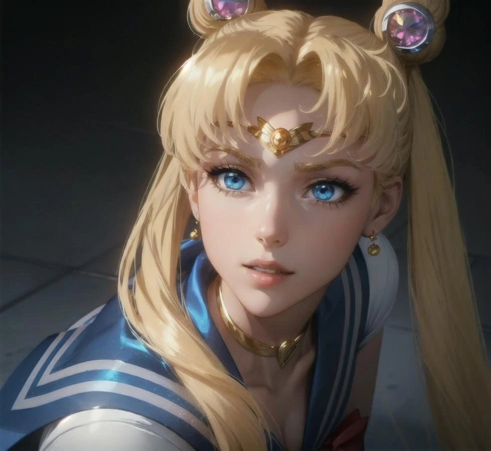 Masterpiece, Full: 1.3, Stand, 8K, 3D, Realistic, Ultra Micro Shooting, Top Quality, Extreme Detail CG Unity 8K Wallpaper, from below, intricate details, (1 female), , (meishaonv Sailor Moon super sailor moon mer1, Tiara, Sailor Senshi Uniform Sailor: 1.2, Sailor Moon: 1.2), Impossibly long bright twin-tailed blonde, thin and very long straight twin-tailed blonde, hair bun, red round hair ornament in a hair bun, Sailor Senshi uniform, (blue collar, blue sailor collar, blue pre-gate mini skirt: 1.3, very large red bow on the chest: 1.3, long white latex gloves: 1.3, red gloves on the elbows, Very large red bow behind the waist: 1.1, cleavage is looking large, golden tiara, earrings), (face details: 1.5, bright blue eyes, beautiful face, beautiful eyes, shiny eyes, thin lips: 1.5, thin and sharp pale eyebrows, long dark eyelashes, double eyelashes), luxurious golden jewelry, huge white wings,thin, thin and muscular, small face, big breasts, perfect proportions, Thin waist, sexy model pose, visible pores, seductive smile, perfect hands: 1.5, high-leg swimsuit, very thin and fit high-gloss white holographic leather, octane rendering, very dramatic image, strong natural light, sunlight, exquisite lighting and shadow, dynamic angle, DSLR, sharp focus: 1.0, Maximum clarity and sharpness, (space background, moonlight, moon, dynamic background, detailed background)