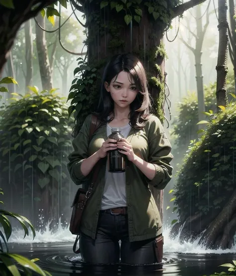 A bottle, jungle, with intense rainfall, monochromatic, vines all around, giant and wet trees, masterpiece, best quality, high quality, extremely detailed CG unity 8k wallpaper, oil paiting, award winning photography, Bokeh, Depth of Field, HDR, bloom, Chromatic Aberration ,Photorealistic,extremely detailed, trending on artstation, trending on CGsociety, Intricate, High Detail, dramatic, art by midjourney, volumetric lighting