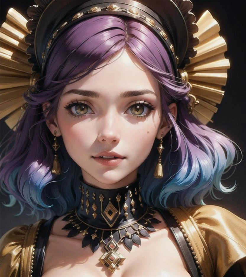 extreme close up of a woman's face, colours hair, high detailed skin, ultra detail, rembrandt lighting, happy, Painter colours,