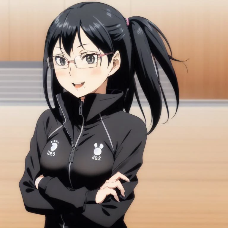 <lora:KiyokoShimizu:0.7> masterpiece,Kiyoko Shizumi haikyuu!! shimizu_kiyokohighres 1girl bangs black_eyes black_hair blush breasts glasses jacket long_hair looking_at_viewer mole mole_under_mouth open_mouth rimless_eyewear sitting smile solo track_suit