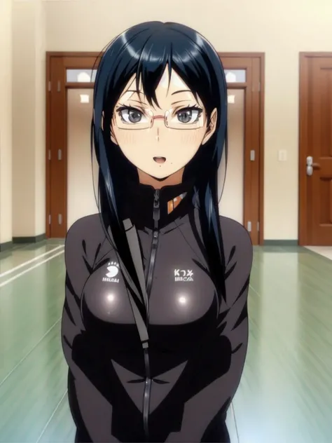<lora:KiyokoShimizu:0.8>  <lora:Korean:0.2>, best quality, ultra high res, (photorealistic:1.4), 1girl,  haikyuu!! shimizu_kiyoko commentary_request highres 1girl bangs black_eyes black_hair blush, exposed breasts, glasses jacket long_hair looking_at_viewer mole mole_under_mouth open_mouth rimless_eyewear sitting smile solo track_suit