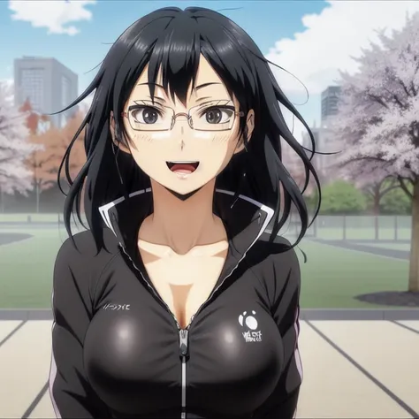 nsfw <lora:KiyokoShimizu:0.5> masterpiece,Kiyoko Shizumi haikyuu!! shimizu_kiyokohighres ((1woman)),solo, bangs black_eyes black_hair blush breasts glasses jacket long_hair looking_at_viewer mole mole_under_mouth open_mouth rimless_eyewear smile solo track_suit, ((outside)) <lora:Korean:0.4>