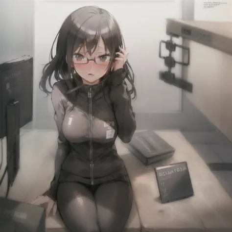 <lora:KiyokoShimizu:0.7> masterpiece,Kiyoko Shizumi haikyuu!! shimizu_kiyokohighres 1girl bangs black_eyes black_hair blush breasts glasses jacket long_hair looking_at_viewer mole mole_under_mouth open_mouth rimless_eyewear sitting smile solo track_suit