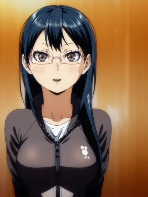<lora:KiyokoShimizu:0.8> <lora:Korean:0.>, best quality, ultra high res, (photorealistic:1.4), 1girl, haikyuu!! shimizu_kiyoko commentary_request highres 1girl bangs black_eyes black_hair blush, exposed breasts, glasses jacket long_hair looking_at_viewer mole mole_under_mouth open_mouth rimless_eyewear sitting smile solo track_suit
