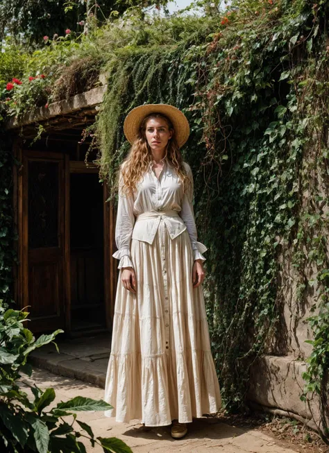 A stunning intricate full color portrait of (sks woman:1) in babylon, hanging gardens, wearing Ruffled skirt and button-down shirt, epic character composition, sharp focus, natural lighting, subsurface scattering, f2, 35mm, film grain, , by Tim Walker, <lora:locon_vanessakirby_v1_from_v1_64_32:1>