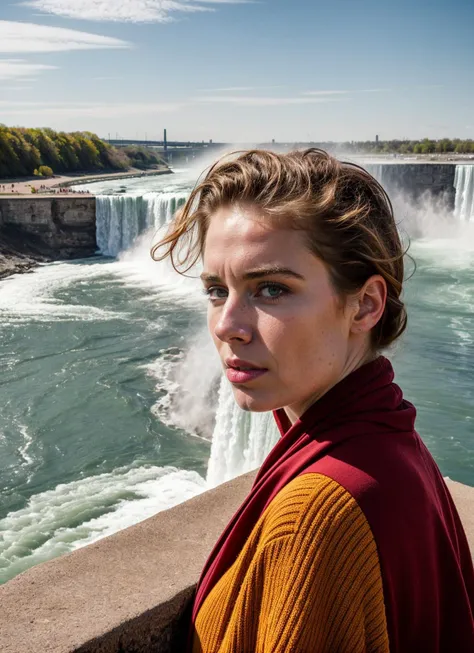 portrait of sks woman at the niagara falls, by Flora Borsi, style by Flora Borsi, bold, bright colours, ((Flora Borsi)), by Jimmy Nelson, <lora:locon_vanessakirby_v1_from_v1_64_32:1>