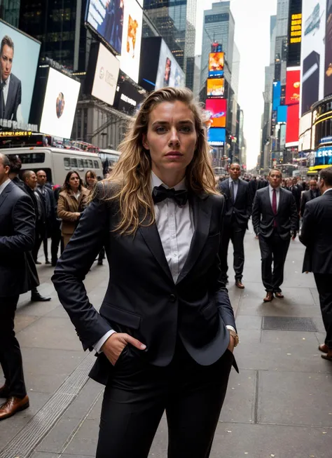 A stunning intricate full color portrait of (sks woman:1) in New York City, in Times Square, wearing Suit and tie, epic character composition, sharp focus, natural lighting, subsurface scattering, f2, 35mm, film grain, , by Dominique Issermann, <lora:locon_vanessakirby_v1_from_v1_64_32:1>