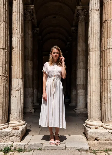 portrait of sks woman in Athens, at the Ancient Agora, by Flora Borsi, style by Flora Borsi, bold, bright colours, ((Flora Borsi)), by Dominique Issermann, <lora:locon_vanessakirby_v1_from_v1_64_32:1>