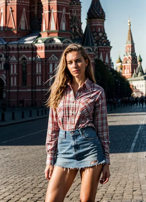 A stunning intricate full color portrait of (sks woman:1) in Moscow, at the Red Square with St. Basil's Cathedral in the background, wearing Plaid shirt and denim skirt, epic character composition, sharp focus, natural lighting, subsurface scattering, f2, 35mm, film grain, , by Dorothea Lange, <lora:locon_vanessakirby_v1_from_v1_64_32:1>