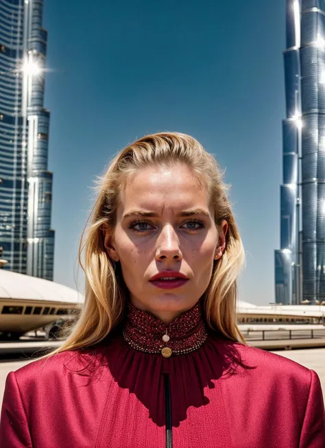 portrait of sks woman in Dubai, at the Burj Khalifa, by Flora Borsi, style by Flora Borsi, bold, bright colours, ((Flora Borsi)), by Jimmy Nelson, <lora:locon_vanessakirby_v1_from_v1_64_32:1>