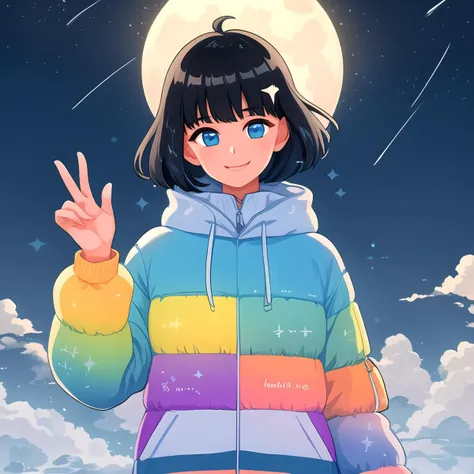 <lora:sparkleboba style - v1 - Copy:0.7>, floating hair, night sky, bob_cut, happy, light smile, black hair, hoodie, colorful, full moon