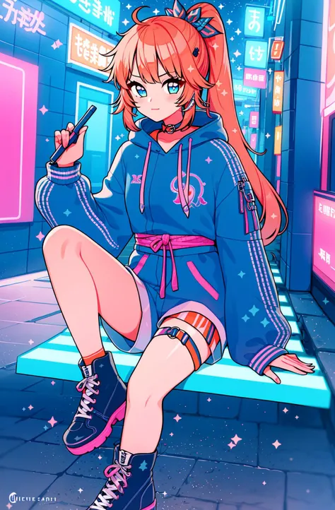 1girl, solo, sitting, ponytail, hoodie, shorts, boots, fullbody, neon lights, neon, japanese city, alley, pink, orange