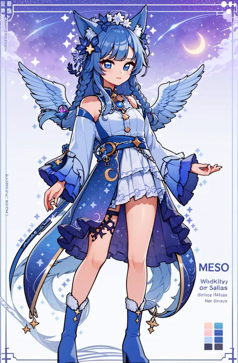 masterpiece, best quality, 1girl, solo, white to navy hair, long hair, intricate outfit, starry sky, fox ears, detailed outfit, long sleeves, moon, cosmos, nebula, blue eyes, gems, silver jewels, braid, wings, navy feathered wings, tail, third eye, fur collar, fur trim, long boots, standing, long sleeves, star (symbol)