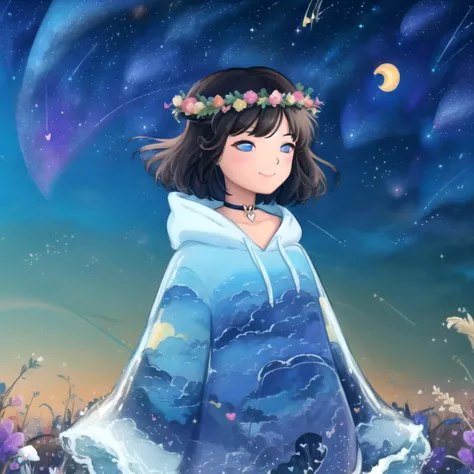 <lora:sparkleboba style - v1 - Copy:0.7>, floating hair, bob_cut, , happy, light smile, choker, heart brooch, (night sky:1.5), black hair, <lora:lucyfleming-07:1> , black hoodie, head wreath, in a field of colorful flowers, sky print, <lora:LiquidClothesV1fixed:1>