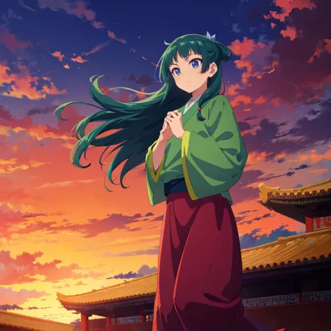<lora:maomao003:0.5>,<lora:add_detail:0.3>,<lora:boldline:-0.8>,<lora:noline:0.3>,
maomao,1girl,green hair,(blue eyes:1.4),freckles,long hair,
solo,
green hanfu,
red long skirt,
chinese-style building,sky,sunset,