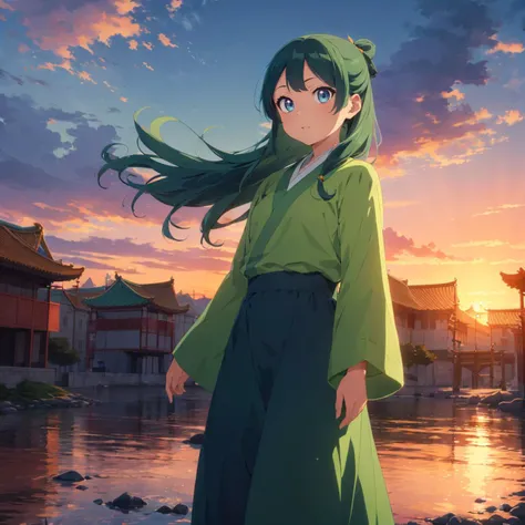 <lora:maomao003:0.4>,<lora:add_detail:0.3>,<lora:boldline:-0.8>,<lora:noline:0.3>,
maomao,1girl,green hair,(blue eyes:1.4),freckles,long hair,
solo,
green hanfu,
red long skirt,
chinese-style building,sky,sunset,