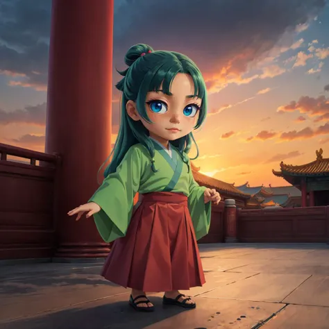 <lora:maomao003:0.4>,<lora:add_detail:0.3>,<lora:boldline:-0.8>,<lora:noline:0.3>,chibi,
maomao,1girl,green hair,(blue eyes:1.4),freckles,long hair,
solo,
green hanfu,
red long skirt,
chinese-style building,sky,sunset,
