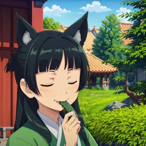 masterpiece,high quality,ultra high definition,solo,outdoors,
<lora:maomao001:0.7>,looking at viewer,smile,
maomao,1girl,
long hair,half updo,hair bun,black hair,freckles,closed eyes,animal ears,
green hanfu,
eat,