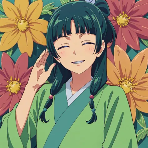 <lora:maomao003:0.7>,solo,
maomao,1girl,
green hanfu,
smile,closed eyes,parted lips,flower,