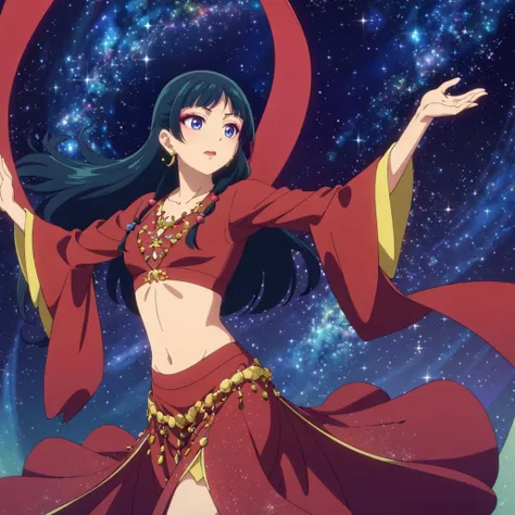 <lora:maomao003:0.7>,solo,
maomao,1girl,long hair,makeup,
red dress,wide_sleeves,midriff,shawl,
long_skirt,dancing,starry_sky,