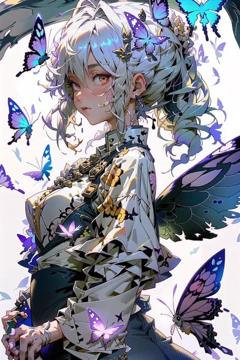 animal, beetle, blue_butterfly, bug, butterfly, butterfly_hair_ornament, butterfly_on_hand, butterfly_wings, dragonfly, glowing_butterfly, white_butterfly, yellow_butterfly, kashiwazaki_sena, fairy, origami, paper_crane, bee, looking_at_animal, kochou_shinobu, pinwheel, butterfly_print, sparrow, spider, butterfly_net, flower, bird_on_shoulder, insect_wings, hand_net, ladybug, antennae, airplane, animal_on_head, on_head, profile, ginkgo_leaf, solo, 1girl, half-closed_eyes, aircraft, bird_on_head, flying, saigyouji_yuyuko <lora:OC illustration:1>