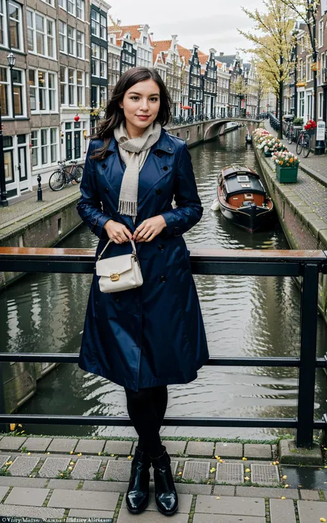 (style of Vivian Maier), [quintessential Dutch charm:Amsterdam's vibrant essence:0.7] cityscape, capturing the unique allure of Amsterdam through the day-to-day elegance of a local. Amidst this picturesque setting, a woman emerges as the embodiment of Amsterdam's soul, seamlessly blending the city's historic grace with its lively, contemporary rhythm. Her attire is a ((stylish yet comfortable ensemble)), perfect for cycling along the city's iconic canals. She dons a tailored, waterproof trench coat that whispers sophistication, paired with practical, chic footwear ideal for navigating the cobblestone streets. Her outfit is complemented by a casual scarf, adding a pop of color, and a classic, sturdy bicycle at her side, equipped with a quaint basket filled with fresh tulips. The backdrop features the charming canal houses of Amsterdam, their gabled facades a testament to the city's rich architectural history, standing tall and elegant along the serene waterways. The scene transitions smoothly into the vibrant tulip fields just outside the city, a sea of colors that captures the essence of Dutch beauty in spring. The composition skillfully intertwines Amsterdam's famed cycling culture, as the woman pauses on a bridge over a canal, her bicycle leaning gently against the railing. She takes in the view, a blend of tradition and modernity, her figure a connecting thread between the city's past and its dynamic present. This moment encapsulates the spirit of Amsterdam, where every turn reveals a new facet of its diverse character, from the tranquility of its waterways to the bloom of its countryside, all seen through the eyes of one who calls it home.